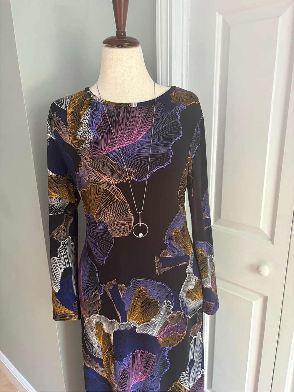 Chico's Black Long Sleeve Floral Maxi Dress with Purple & Gold Accents - Picture 2 of 10